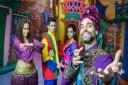 Stars of Norwich Theatre Royal's 2018 pantomime - Aladdin. Kiera-Nicole Brennan as The Genie, Steven Roberts as Aladdin_Anna Hannides as Princess Willow and Rik Makarem as Abananzar. Picture: Simon Finlay Photography