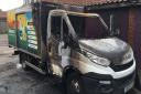 The destroyed milk delivery van, which was parked at the back of the Premier Express convenience store at the Mile Cross Road junction in Norwich when it went up in flames on Monday, April 18, just before 9am. Picture: STUART ANDERSON