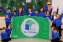 Harleston Primary Schools eco-rangers celebrate their school being awarded its second Green Flag for showing awareness of, and care towards, the environment. Picture: Simon Parker