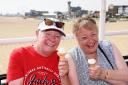 Holidaymakers Rose Jolly, left, and Diane Armsby, enjoying the hazy sunny weather in Great Yarmouth in 2023. Picture - Denise Bradley