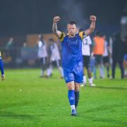 Linnets skipper Josh Coulson celebrates victory over Bishop's Stortford at The Walks in October