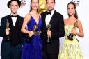 Mark Rylance with the Academy Award for Best Supporting Actor, Brie Larson with the Academy Award for Best Actress, Leonardo DiCaprio with the Academy Award for Best Actor and Alicia Vikander with the Academy Award for Best Supporting at the Oscars 2016. 