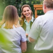 The Duchess of Cambridge talks to Martin and Jennie Turner, owners of the Fakenham Garden Centre in Norfolk, during her first public engagement since lockdown. Picture: PA Wire/PA Images/Aaron Chown
