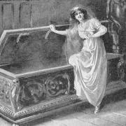 The ghostly Mistletoe Bride goes to hide in the chest which will become her tomb