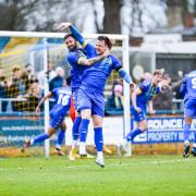 Kyle Callan-McFadden and Josh Coulson find an unusual way to celebrate Adam Crowther's goal at the weekend