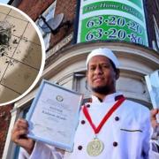 Kalam Miah outside the Bombay Spice Indian restaurant and some of the damage caused in fire (inset)