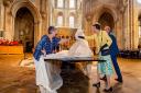 Princess Anne unveils the Fenland Black Oak Table, a 13m-long table made from a 5,000-year-old tree unearthed in Southery, Norfolk, in 2012
