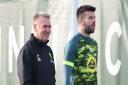 New Norwich City head coach Dean Smith alongside captain Grant Hanley at Colney on Thursday