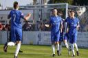 Lowestoft Town's Jake Reed is congratulated after scoring the first goal in the 2-1 home win over Bromsgrove Sporting FC.