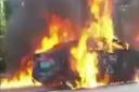 Video footage shows the terrifying moment a Jaguar car burst into flames along the A47 Thorney Toll.