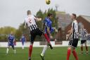 Lowestoft's new signing Ollie Saunders and Coalville's Stuart Pierpoint in aerial combat during last Saturday's FA Trophy tie at Crown Meadow, which Coalville won 4-2 Picture: Shirley D Whitlow