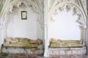 The effigies of a medieval knight and his wife, both originally clutching stone hearts as hers has been defaced, at Wickhampton Church. Picture: DENISE BRADLEY