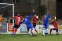 Substitute Armani Schaar reduces the arrears for Lowestoft Town against St Neots on Tuesday evening. The visitors held out to win 2-1 Picture: SHIRLEY D WHITLOW