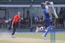England's bowler Olly Stone delivers a rising delivery to Sri Lanka's Board XI batsman Dinesh Chandimal during their first warm up game in Colombo, Sri Lanka, Friday, Oct. 5, 2018. (AP Photo/Eranga Jayawardena)