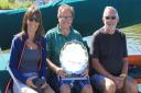 Moth Salver Trophy winner John Holmes, centre, with his crew Debra Westowski and Robin Hines. Photo by Sue Hines