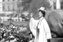 Suffragette leader Emily Pankhurst addressing a meeting in London's Trafalgar Square. Collectables associated with the struggle to win the vote for women are in big demand.