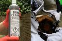 The bottle of drain cleaner with 96pc sulphuric acid (l) and what it did to a shirt (r). Photo: Archant