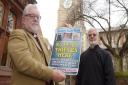 Rev Canon John Minns, left and verger Peter Callan with the EDP lead theft poster outside St Georges Church, Tombland, Norwich. Photo : Steve Adams