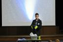 Astronomer Mark Thompson at St William's Primary School to launch the EDP Briar Chemicals Young Poets of the Year competition 2015 last March. Mark is pictured giving a demonstration of how to make a 'comet'.Picture: ANTONY KELLY