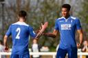 Omar Sowunmi (right) of Lowestoft Town celebrates victory with his team mate Jack Ainsley (left) after the Conference North match at New Windmill Ground, Leamington SpaPicture by Tom Smith/Focus Images Ltd 0754514116406/04/2015