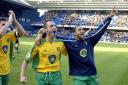Norwich City's Craig Fleming and Leon McKenzie celebrate the win at Ipswich in 2003. Photo: Simon Finlay.
