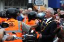 More than 300 Harley Davidsons arrive at Sheringham at the end of a major rally to raise money for the RNLI. Sheringham town mayor Doug Smith chatting to the bikers.PHOTO: ANTONY KELLY