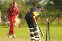 Norfolk Twenty20 semi-final between Swardeston and Great Witchingham. Great Witchingham's Jonathan Spelman is bowled out by Swardeston's Michael Eccles. Picture: Denise Bradley