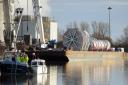 Cranes and heavy lifting equipment ready to lift the new cooling tower into place from the barge moored on the River Yare next to Cantley Factory.Picture: James Bass