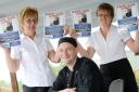 Ian Hanser, Chef at Yaxham Waters is leaving to move to Germany to live with his girlfriend Stephanie Berg - Staff at Yaxham Waters have a petiton to stop him going, from left,  Cafe Manager Carole Beavis and Margaret Jarvis with the campaign posters. Pic