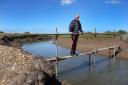 The National Trust has submitted plans to rebuild a bridge over Stiffkey marshes which it removed more than two years ago. Pictured is Stiffkey resident Ian Curtis on a makeshift bridge over the creek