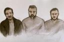 Sketch of, from left, Chung Biu Yuen, Chi Leung Wai, and Matthew Trickett appearing at Westminster Magistrates’ Court (Elizabeth Cook/PA)
