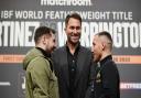 Maxi Hughes and Ryan Walsh, right, come face to face at a press conference to announce their world title clash, with Matchroom boss Eddie Hearn watching on