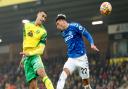 Adam Idah duels with Everton's Ben Godfrey in Norwich City's 2-1 Premier League win