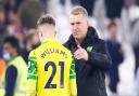 Brandon Williams of Norwich and Norwich Head Coach Dean Smith at the end of the Premier League match at the London Stadium