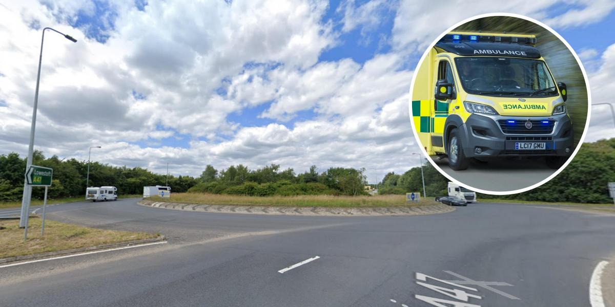 Two-car crash on A47 Station Road roundabout in Hopton 