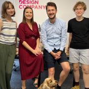 Left to right: Chloe Mann, Holly Finch, Mat Finch and Harri Leith, with Alfie the office dog