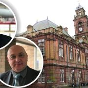 Great Yarmouth Borough Council's Labour opposition leader Trevor Wainwright (upper inset) argued with Conservative council leader Carl Smith (lower inset) about how effective the 'levelling up' fund would be. Background: Great Yarmouth Town Hall.