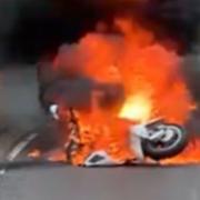 A moped rider had a lucky escape when their bike erupted into flames while travelling on the A146 between Beccles and Lowestoft