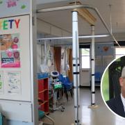 Props holding up the roof of the children's ward at the QEH in King's Lynn. Inset, health secretary Steve Barclay