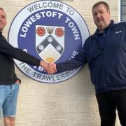 Gorleston chairman Jamie Humphries and Lowestoft Town FC chairman Gary Keyzor shake hands on the groundshare agreement at Crown Meadow.