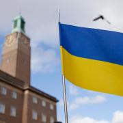 The Ukrainian flag flying near Norwich City Hall