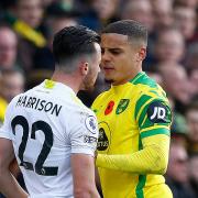 Jack Harrison of Leeds and Max Aarons clashed as Norwich City lost 2-1 at Carrow Road in October