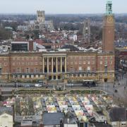 City Hall and Norwich Market from the 104 feet high Falcon Tower crane at Norwich Castle. Picture: DENISE BRADLEY