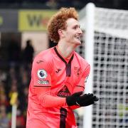 Norwich City's Josh Sargent celebrates his second goal at Watford and the birth of his daughter