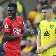 Ismaila Sarr, left, scored twice as Watford won 3-1 at Carrow Road in September but is injured for the return fixture against Norwich