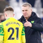 Brandon Williams of Norwich and Norwich Head Coach Dean Smith at the end of the Premier League match at the London Stadium