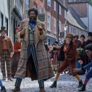 Forest Whitaker as Jeronicus Jangle during filming of Netflix's Jingle Jangle: A Christmas Journey in Norwich's Elm Hill, one of the locations used in the musical.