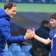 Chelsea manager Thomas Tuchel (left) and Billy Gilmour after a Premier League win over Fulham at Stamford Bridge in May