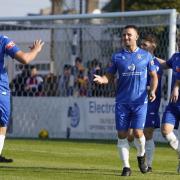 Lowestoft Town's Jake Reed is congratulated after scoring the first goal in the 2-1 home win over Bromsgrove Sporting FC.