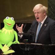 Boris Johnson speaks to the UN General Assembly in New York this week. Inset: Kermit.